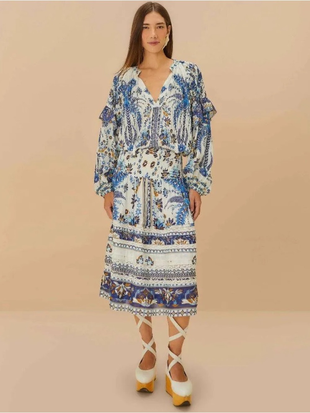 FARM Rio Ana Tapestry White & Blue Floral Smocked Peasant Blouse - Picture 5 of 7